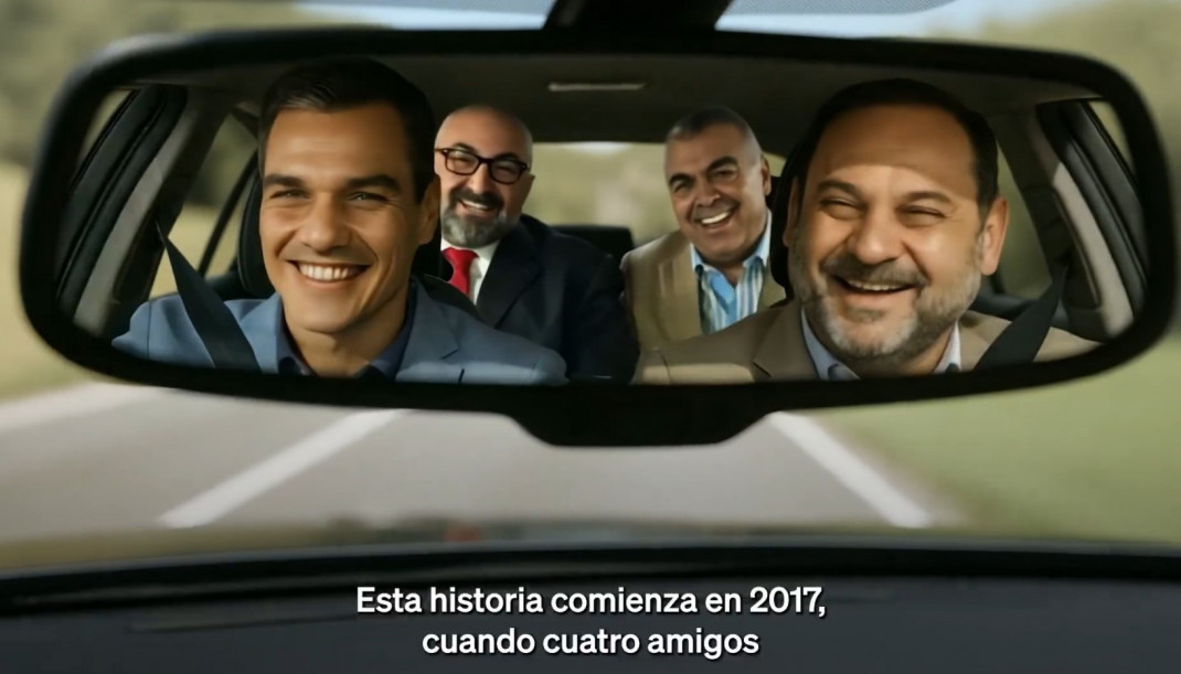 Archivo - Imagen generada a través de Inteligencia Artificial (IA) por el Partido Popular en la que figuran Pedro Sánchez, José Luis Ábalos, Koldo García y Santos Cerdán dentro de un coche