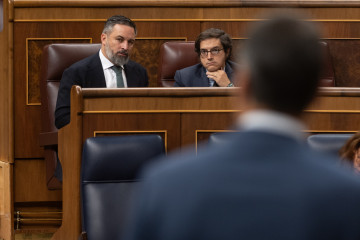 Archivo - El líder de VOX, Santiago Abascal (i) y el diputado de VOX José María Figaredo (d), durante una sesión de control al Gobierno, en el Congreso de los Diputados, a 26 de junio de 2024, en 