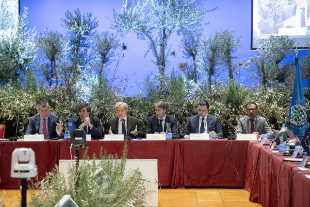 El director del COI, Jaime Lillo (tercero por la dcha.), junto al presidente de la Diputación de Córdoba, Salvador Fuentes (cuarto), en la inauguración de la 122ª sesión plenaria del Consejo Oleícola Internacional.
