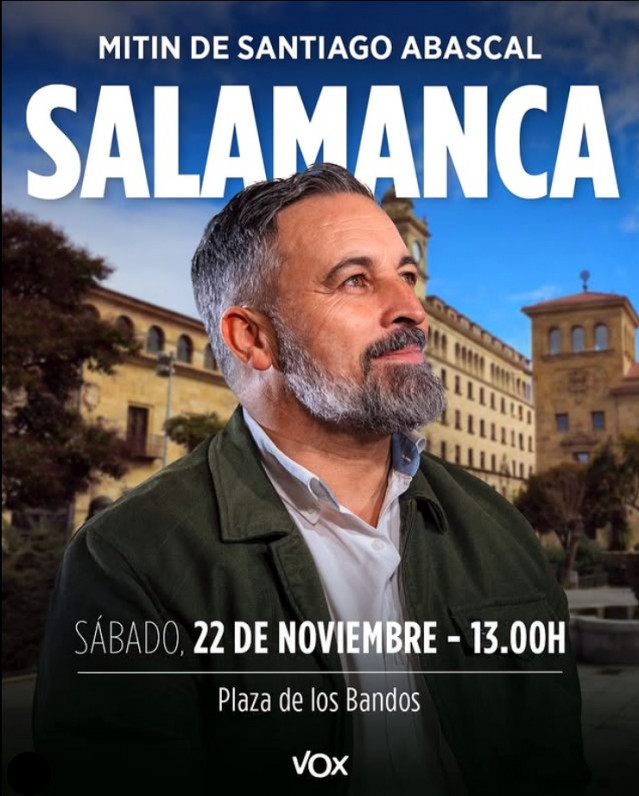Cartel publicado por Vox sobre el acto público de Abascal en Salamanca.