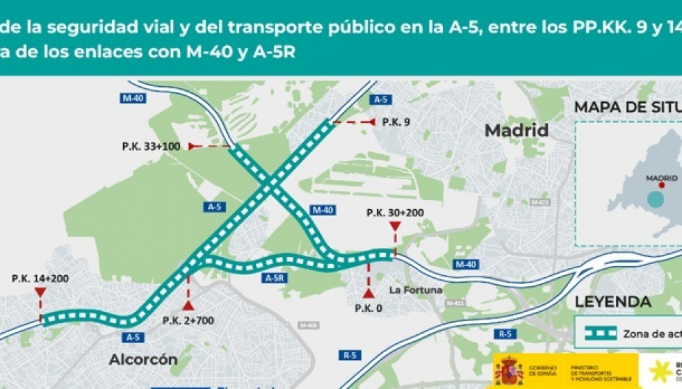 Obras de mejora de la seguridad vial y del transporte público en la A-5
