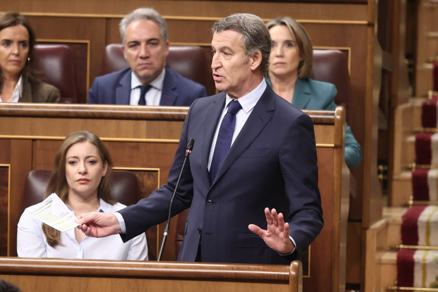 El presidente del Partido Popular, Alberto Núñez Feijóo, interviene durante una sesión de control al Gobierno, en el Congreso de los Diputados, a 19 de noviembre de 2025, en Madrid (España).