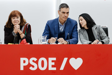 La presidenta del PSOE, Cristina Narbona, el presidente del Gobierno, Pedro Sánchez, y la Secretaria de Organización del PSOE, Rebeca Torró Soler, en Comisión Ejecutiva Federal del PSOE, a 17 de n