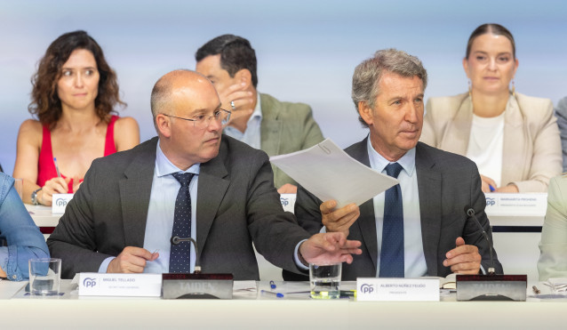 Archivo - El presidente del PP, Alberto Núñez Fiejóo, acompañado por el secretario general del PP, Miguel Tellado, preside la reunión de la Junta Nacional del Partido Popular, a 15 de septiembre de 2025, en Madrid (España).