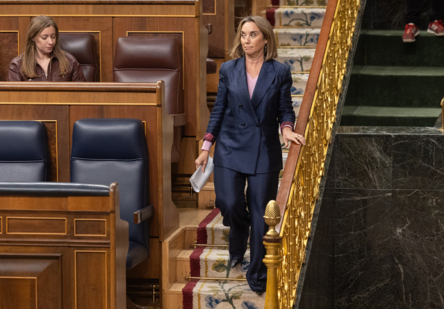 La vicesecretaria de regeneración institucional del Partido Popular, y Cuca Gamarra (d), y la portavoz del PP en el Congreso, Ester Muñoz, durante el pleno del Congreso de los Diputados.