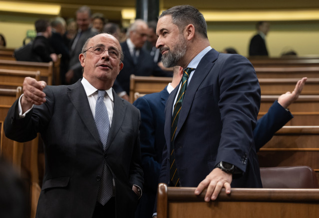 Archivo - El líder de Vox, Santiago Abascal (d), y el diputado de Vox, Ignacio Gil Lázaro (i), durante una sesión plenaria en el Congreso de los Diputados