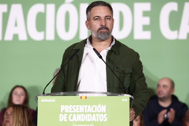 El presidente de VOX, Santiago Abascal, durante un acto para presentar a los candidatos de VOX a las elecciones autonómicas en Extremadura, en imagen de archivo