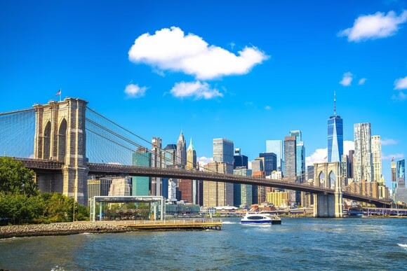 New York City epic skyline and Brooklyn bridge view from Brooklyn, United States of America