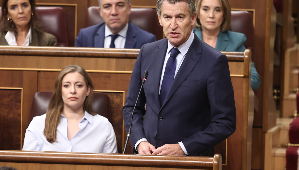 El presidente del Partido Popular, Alberto Núñez Feijóo, interviene durante una sesión de control al Gobierno, en el Congreso de los Diputados, a 19 de noviembre de 2025, en Madrid