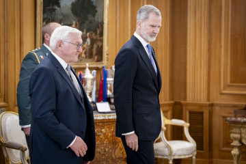 El Rey Felipe VI (d) asiste al encuentro con el presidente de la República Federal de Alemania, Frank-Walter Steinmeier (i), en el Palacio de La Zarzuela, a 26 de noviembre de 2025, en Madrid (Españ