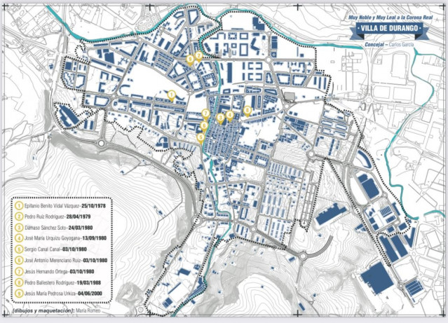 Mapa de las placas colocadas en Durango en recuerdo a nueve víctimas del terrorismo asesinadas en la localidad.