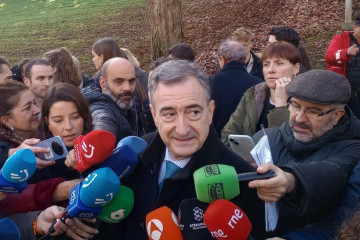 El presidente del PNV, Aitor Esteban, en declaraciones a los medios en Gernika.