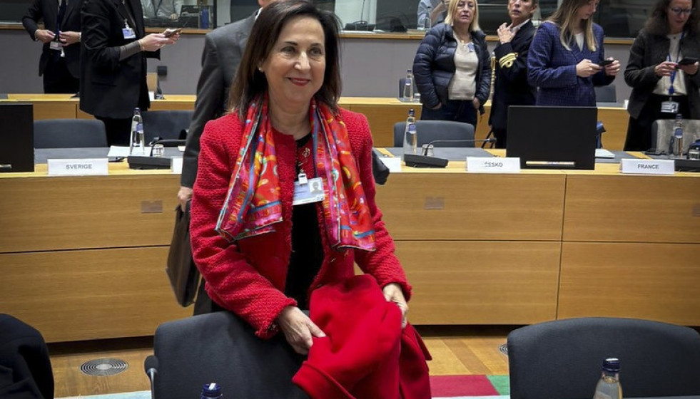 La ministra de Defensa de España, Margarita Robles, en el marco de la reunión con sus homólogos europeos en Bruselas.