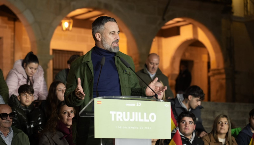 El presidente de Vox, Santiago Abascal, en un acto público en Trujillo