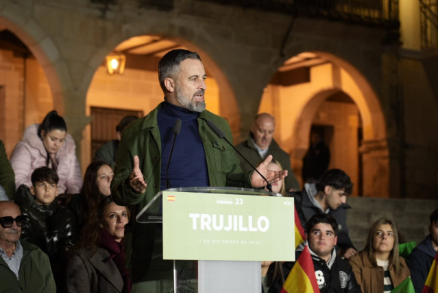 El presidente de Vox, Santiago Abascal, en un acto público en Trujillo
