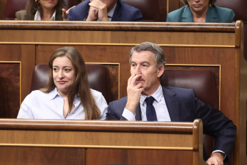 La portavoz del PP en el Congreso, Ester Muñoz, y el presidente del PP, Alberto Núñez Feijóo, durante una sesión de control al Gobierno, en el Congreso de los Diputados, a 19 de noviembre de 2025