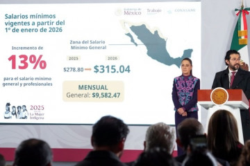 La presidenta de México, Claudia Sheinbaum, durante la presentación del proyecto que aumentará en un 13% el salario mínimo general.