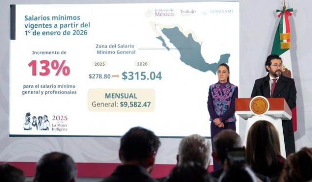 La presidenta de México, Claudia Sheinbaum, durante la presentación del proyecto que aumentará en un 13% el salario mínimo general.
