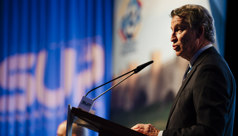 El presidente del Partido Popular, Alberto Núñez Feijóo, durante el XIII Congreso Nacional del Sindicato Unificado de Policía, a 3 de diciembre de 2025, en Toledo, Castilla-La Mancha (España).