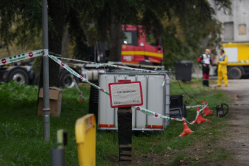 Punto cortado por desinfección, durante la presentación de los medios de la UME para el control de la peste porcina, a 2 de diciembre de 2025, en Barcelona, Cataluña (España).