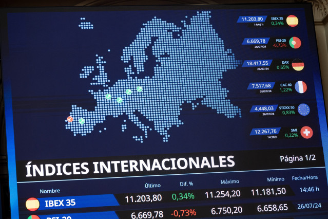 Archivo - Un panel del Ibex 35, en el Palacio de la Bolsa, a 29 de julio de 2024, en Madrid (España).