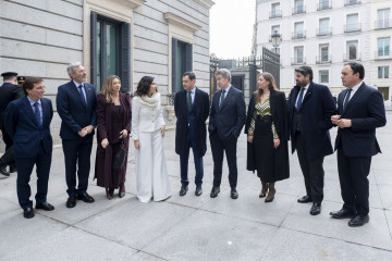 El alcalde de Madrid, José Luis Martínez Almeida, el presidente de Aragón, Jorge Azcón, la presidenta de la Comunidad de Madrid, Isabel Díaz Ayuso, el presidente de la Junta de Andalucía, Juanma