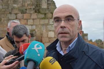 El jefe de la delegación de Vox en el Parlamento Europeo, Jorge Buxadé, atiende a los medios en el Puente Romano de Mérida