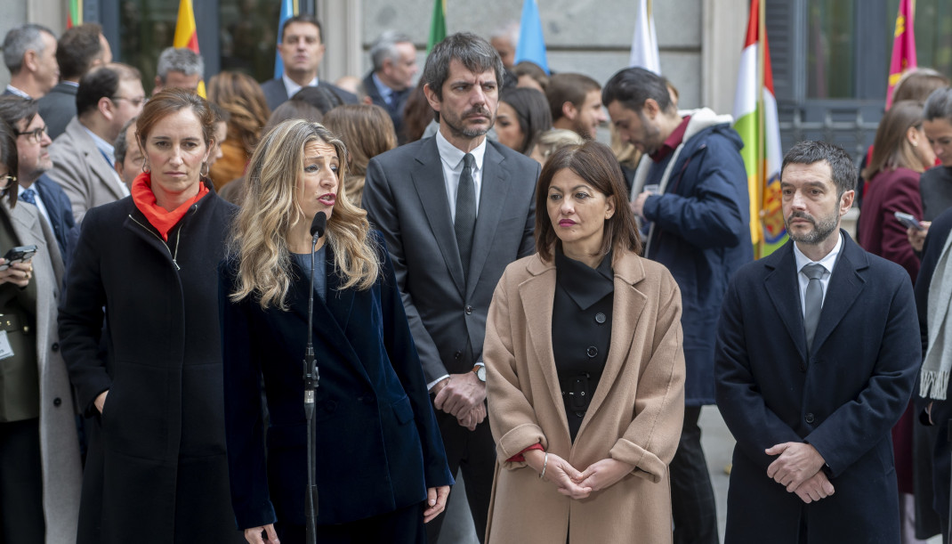 La vicepresidenta segunda del Gobierno y ministra de Trabajo, Yolanda Díaz, la ministra de Sanidad, Mónica García, el ministro de Cultura, Ernest Urtasun, la ministra de Juventud e Infancia, Sira R