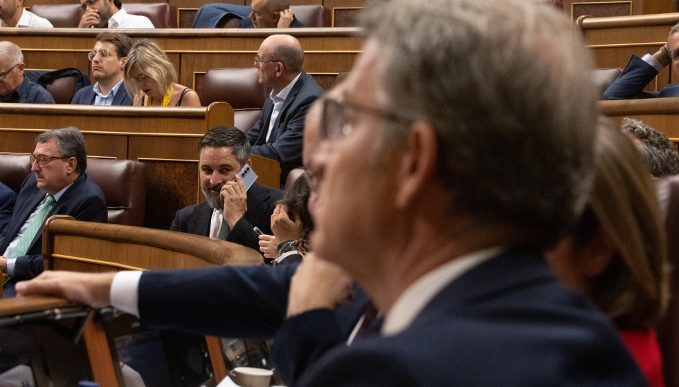 Archivo - El líder de VOX, Santiago Abascal, habla por teléfono durante un pleno extraordinario en el Congreso de los Diputados, a 11 de julio de 2024, en Madrid (España).