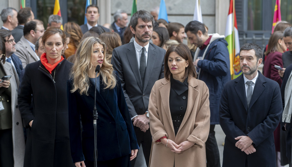 La vicepresidenta segunda del Gobierno y ministra de Trabajo, Yolanda Díaz, la ministra de Sanidad, Mónica García, el ministro de Cultura, Ernest Urtasun, la ministra de Juventud e Infancia, Sira R