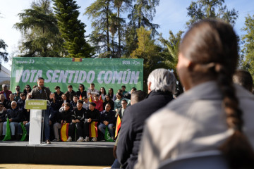 El presidente de Vox, Santiago Abascal, clausura un acto público en Almendralejo (Badajoz)