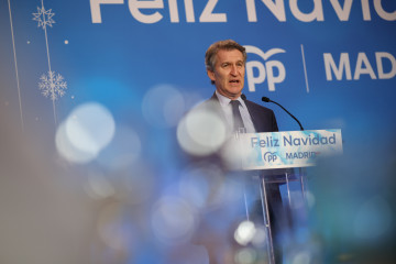 El presidente del Partido Popular, Alberto Núñez Feijóo, interviene durante la cena de navidad del PP de Madrid, en la Finca La Alquería, a 15 de diciembre de 2025, en Alcorcón, Madrid (España).