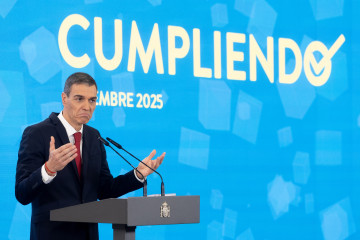El presidente del Gobierno, Pedro Sánchez, durante la ciitada rueda de prensa en el Palacio de la Moncloa,
