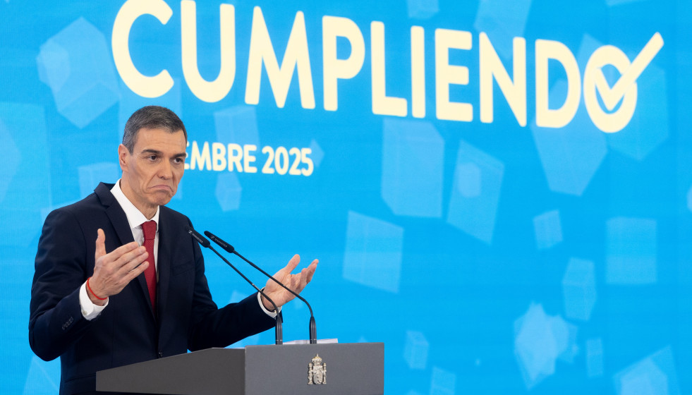 El presidente del Gobierno, Pedro Sánchez, durante la ciitada rueda de prensa en el Palacio de la Moncloa,