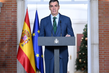 El presidente del Gobierno, Pedro Sánchez, durante una declaración institucional, en el Palacio de la Moncloa, a 22 de diciembre de 2025, en Madrid (España).