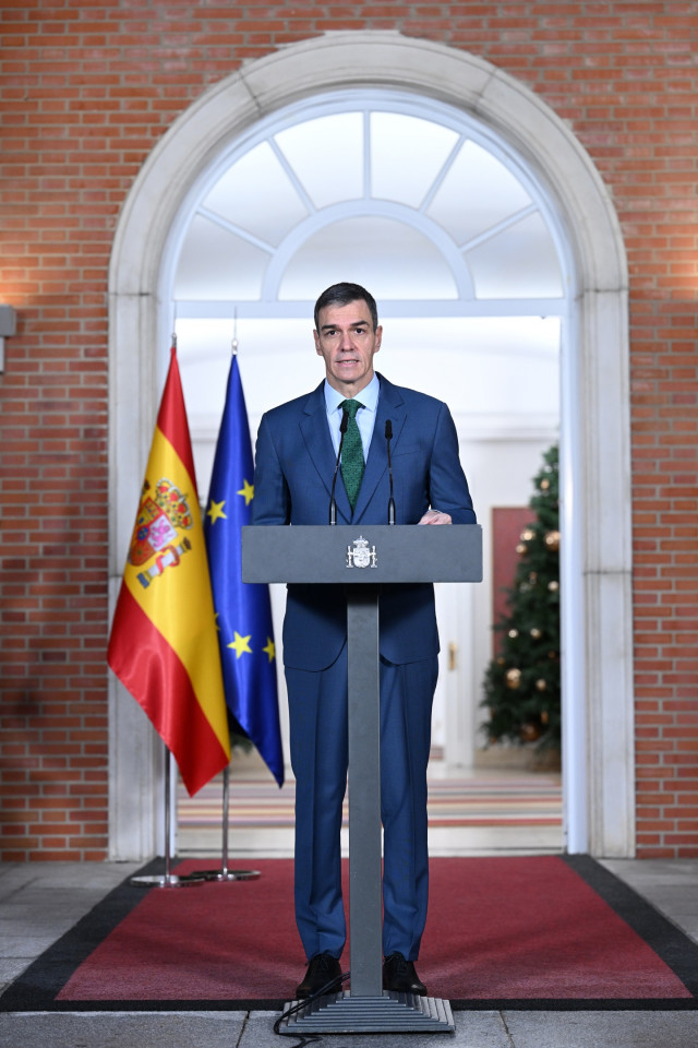 El presidente del Gobierno, Pedro Sánchez, durante una declaración institucional, en el Palacio de la Moncloa, a 22 de diciembre de 2025, en Madrid (España).