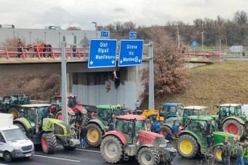 Ganaderos catalanes cuelgan un jabalí y un ciervo en la C-17 por el exceso de fauna cinegética