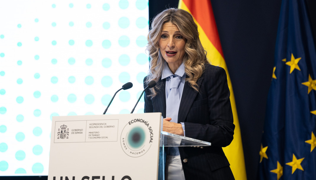 La vicepresidenta segunda y ministra de Trabajo y Economía Social, Yolanda Díaz, durante una rueda de prensa, en el Ministerio de Trabajo y Economía Social, a 19 de diciembre de 2025, en Madrid (Es