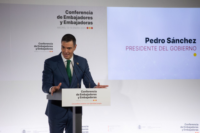 Archivo - El presidente del Gobierno, Pedro Sánchez, interviene en la sesión de alto nivel de la IX Conferencia de Embajadores de 2024. Archivo.