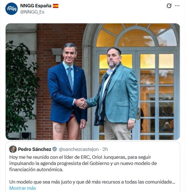 Mensaje de NNGG mostrando a Pedro Sánchez sin pantalones ante Oriol Junqueras