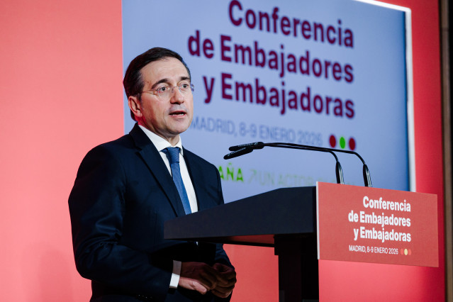 El ministro de Exteriores, José Manuel Albares, durante la Conferencia de Embajadores y Embajadoras de España acreditados en el exterior, en el Ministerio de Asuntos Exteriores, Unión Europea y Cooperación, a 8 de enero de 2026, en Madrid (España). La Con