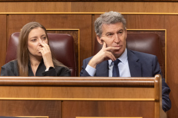 El presidente del PP, Alberto Núñez Feijóo, y la portavoz del PP en el Congreso, Ester Muñoz, durante una sesión plenaria extraordinaria, en el Congreso de los Diputados, a 15 de enero de 2026, e