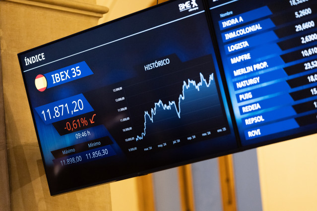 Archivo - Un panel del Ibex 35 en el Palacio de la Bolsa de Madrid, a 21 de enero de 2025, en Madrid (España).