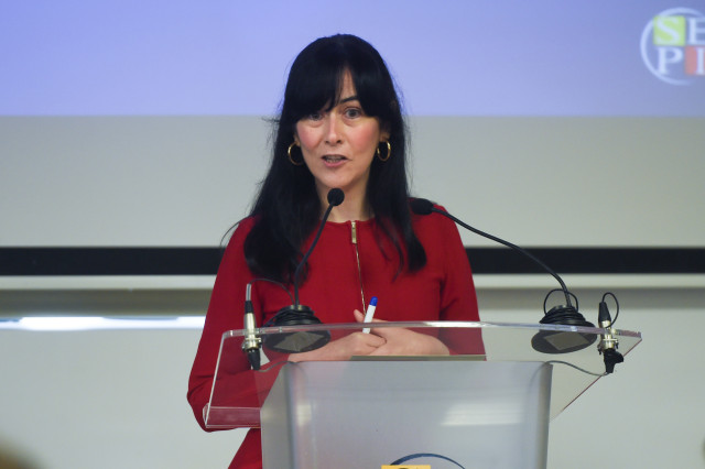 Archivo - La presidenta de la Sociedad Estatal de Participaciones Industriales (SEPI), Belén Gualda González, interviene durante la inauguración de la jornada 'El reto de la igualdad en el grupo SEPI', en la sede de la Fundación SEPI, a 17 de mayo de 2024