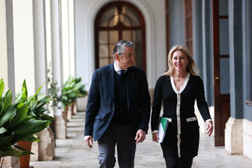 La consejera de Economía, Hacienda, Fondos Europeos y Diálogo Social y Portavoz del Gobierno, Carolina España, junto al consejero de Sanidad, Presidencia y Emergencias, Antonio Sanz, llegando a una