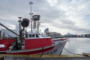 Un barco amarrado durante la protesta de la flota pesquera de bajura, a 19 de enero de 2026, en Barcelona, Catalunya (España).