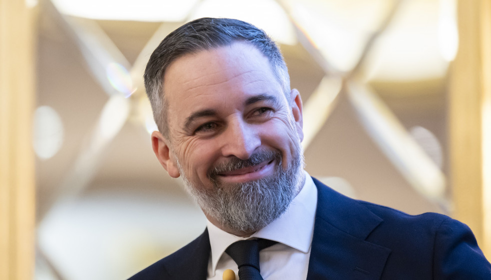 El presidente de Vox, Santiago Abascal, durante el desayuno de Foro Empresarial 'Nuevos retos, nueva nomenclaturas', en el Hotel Wellington, a 21 de enero de 2026, en Madrid (España).