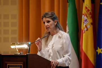La vicepresidente segunda, Yolanda Díaz, interviene en el Seminario Internacional de Teoría Crítica de los Derechos Humanos, organizado por la Universidad Pablo de Olavide (UPO) de Sevilla. A 21 de