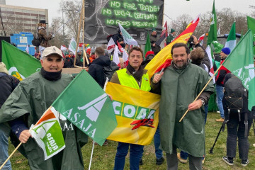 Representantes de organizaciones agrarias en la manifestación de Bruselas contra el acuerdo de Mercasur.