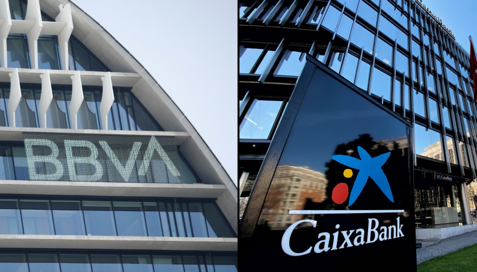 Archivo - Sedes de BBVA y de CaixaBank en Madrid